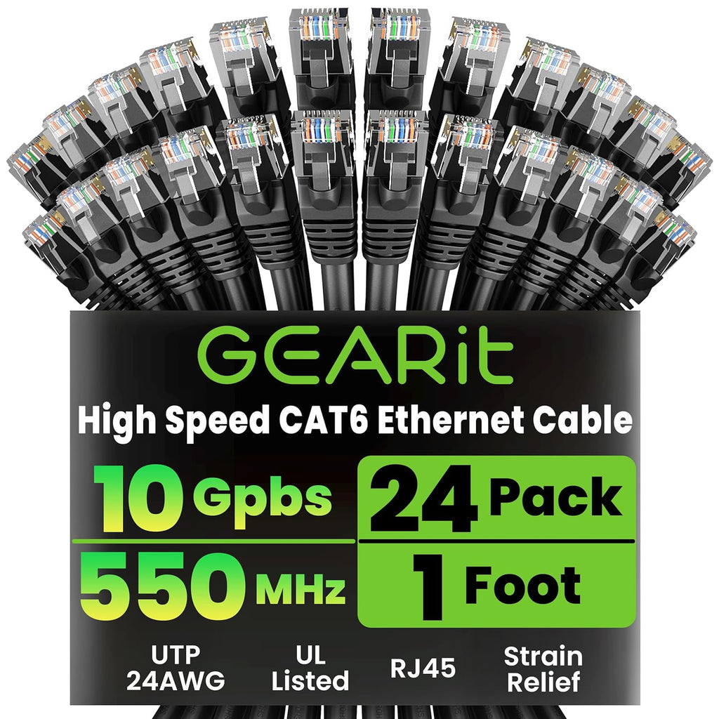 GEARit Cat 6 Ethernet Cable Pack - 24-Pack 1 ft Cat6 Ethernet Patch Cables | RJ45 Network Patch Cable, 10 Gbps Snagless Gold-Plated Connectors - Ethernet Cable Cat 6 for PC, TV, Router - Black