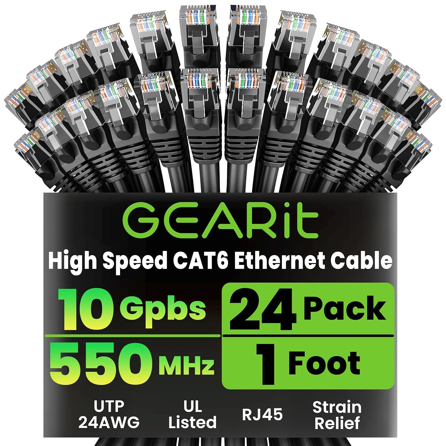 GEARit Cat 6 Ethernet Cable Pack - 24-Pack 1 ft Cat6 Ethernet Patch Cables | RJ45 Network Patch Cable, 10 Gbps Snagless Gold-Plated Connectors - Ethernet Cable Cat 6 for PC, TV, Router - Black