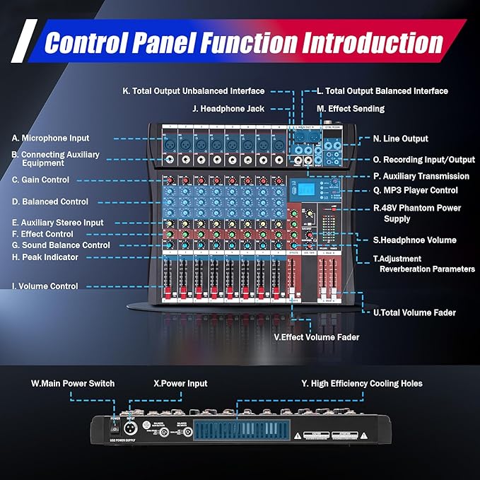 8 Channel Audio Mixer, Bluetooth Studio Mixer Audio DJ Sound Board Controller with USB, Sound Mixer Console Mixing Board for Professional and Beginners (8 Channel)