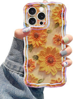 Jusy Compatible with iPhone 14 Pro Max, Colorful Retro Oil Painting Printed Flower Laser Glossy Pattern Cute Curly Wave Phone Case Soft TPU Cover for Girly Women - Sunflower