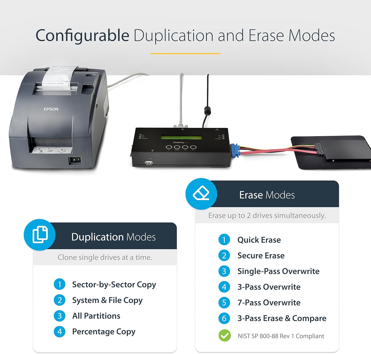 StarTech.com 1:1 Standalone Hard Drive Duplicator and Eraser, SAS/SATA HDD/SSD Cloner/Copier, Hard Drive Duplicator/Sanitizer, Harddisk/Harddrive Wiper, LCD, Toolless, TAA Compliant (SATSASDUPE11)