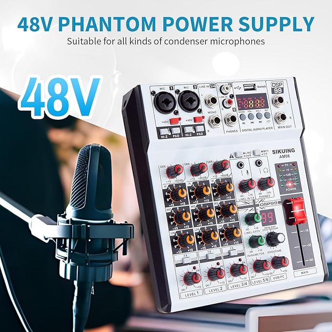 6 Channel Audio Mixer Professional Sound Board Console w/99 DSP Effects 48V Phantom Power Bluetooth USB Interface Stereo DJ Mixer Board for Karaoke Live Performance DJ Stage