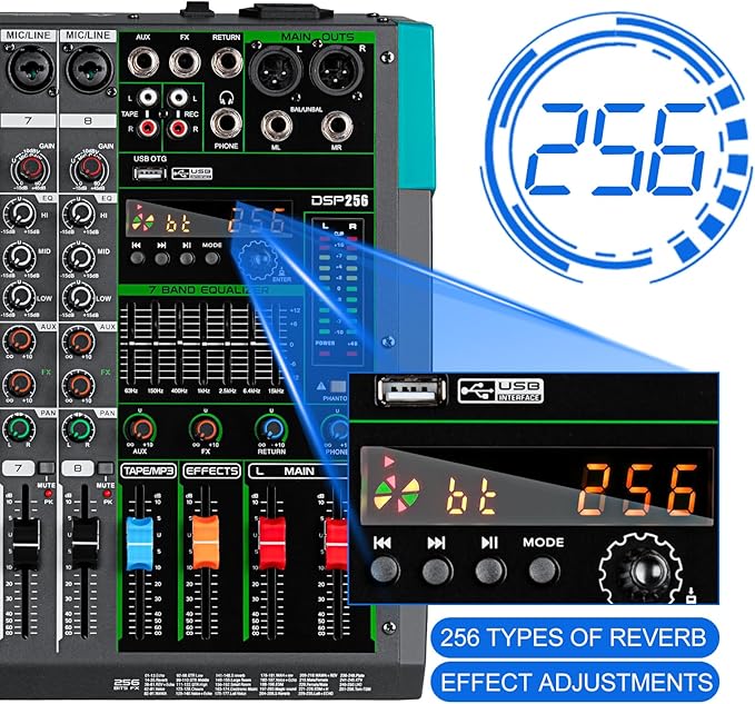 Depusheng PA8 Professional Audio Mixer Sound Board Console Desk System Interface 8 Channel Digital USB Bluetooth MP3 Computer Input 48V Phantom Power Built-in 256 Reverb Effect, Black