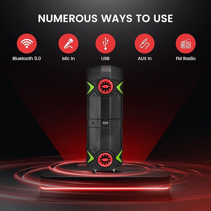 Pyle Portable Bluetooth PA Speaker - 400W Dual 8” Rechargeable Indoor/Outdoor BT Karaoke Audio System-Party Lights, LED Display, FM/AUX/MP3/USB/SD, 1/4" in,Handle, Wheels-Wireless Mic, Remote Control