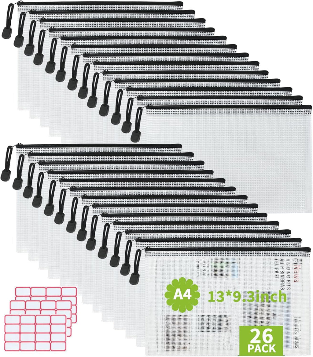 Vuzvuv 26pcs A4 Size 13"x 9.3" Mesh Zipper Pouch Zipper Bags,Document File Folders with Label Sticker,Waterproof Plastic Mesh Bag for File, Makeup, Board Game School Office Home Travel Storage