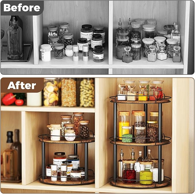 LAMU 12.2'' Wood Lazy Susan Turntable Organizer for Cabinet, 2 Tier Lazy Susan Spice Rack Organizer for Kitchen, Table Top, Countertop, Pantry, Bathroom