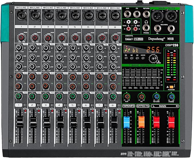 Depusheng MX8 8 Channel Sound Mixer Audio Mixing Console 48V 256DSP Professional USB PC Play Record Podcast Live Broadcast (US MX8)