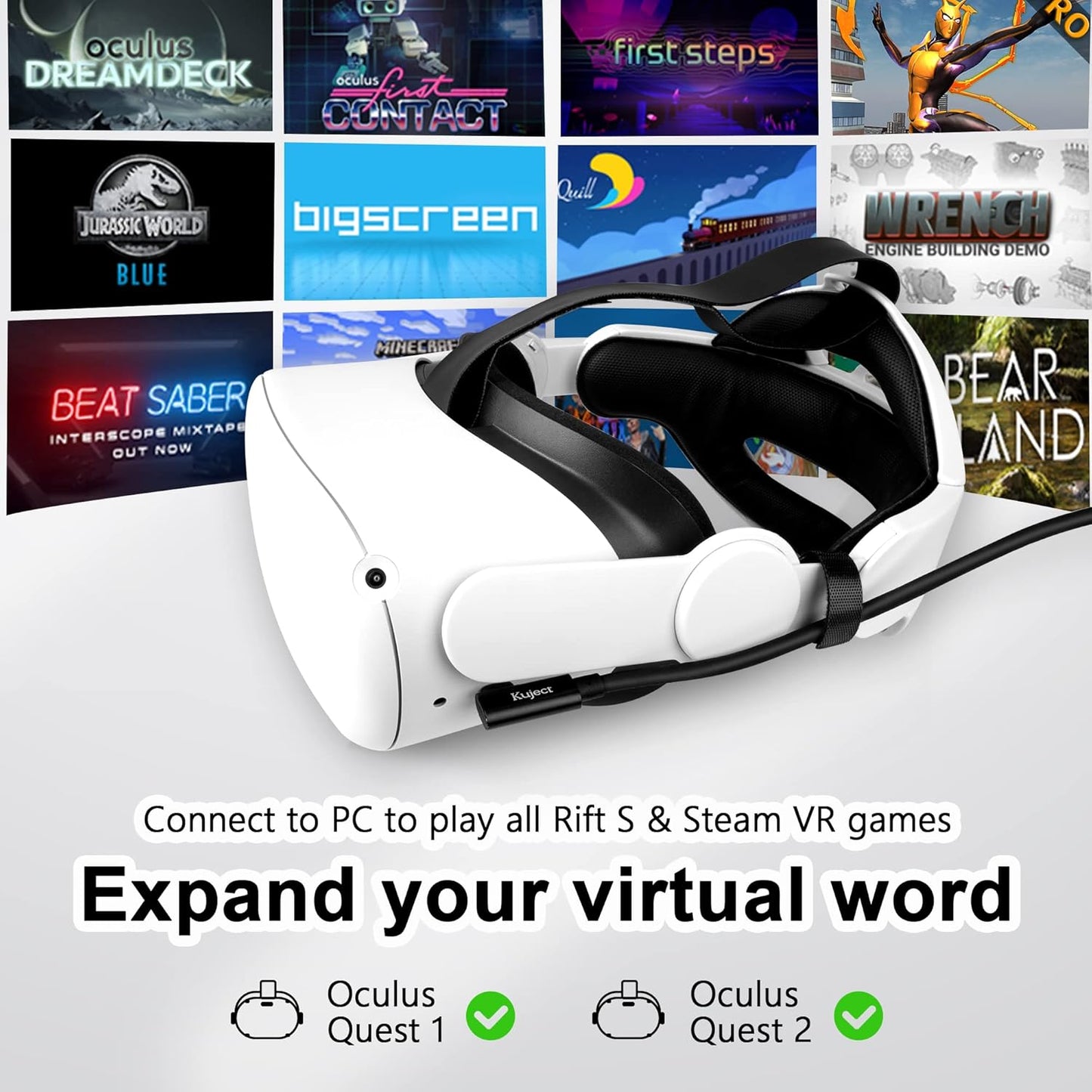 Kuject Link Cable 16FT Compatible for Quest 3S/3, Quest 2/Pro, Pico 4, VR Headset Accessories Cable for Rift S/Steam VR Games, USB 3.0 Type C to C High Speed Data Transfer Charging Cord for Gaming PC