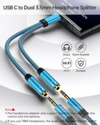 Headphone Splitter for 2 Headphones, USB C to Dual 3.5mm Female Aux Splitters for iPhone 17 17 Pro Max 16e, Google Pixel 10, Samsung Galaxy S25 Ultra, Audio Jack Adapter Earphone Connector - Blue