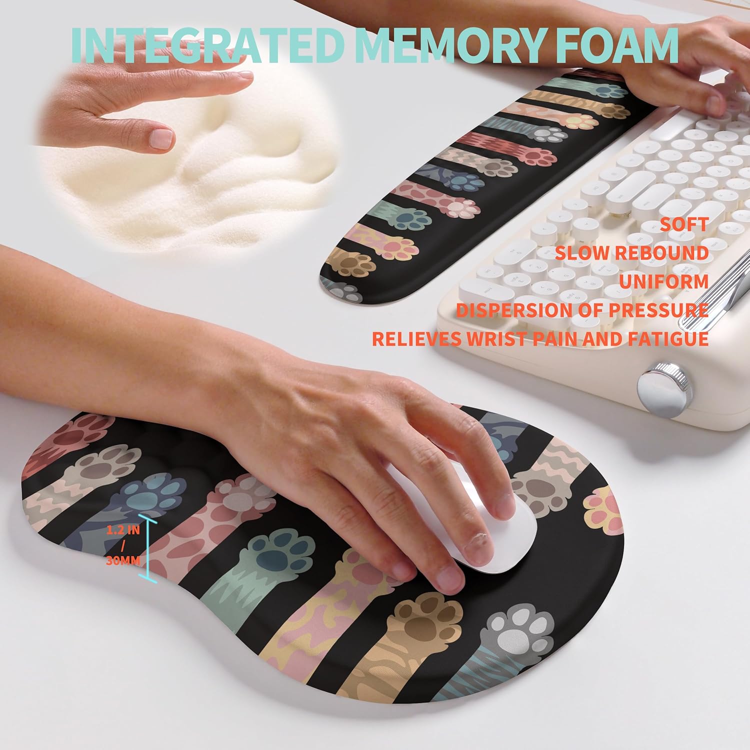 2-in-1 Ergonomic Set, Wave Rise Keyboard Wrist Rest and Massage Bulge Slope Mouse Pad Wrist Support, Cushion Memory Foam Integrated to Relieve Wrist Pain, Multicolour Cat Claws