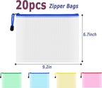 AUSTARK 20 Pcs Zipper File Bags, Plastic Mesh Pouch, Board Game Storage Bag, Waterproof Bags for Office School (A5 Size 9.2''x6.7'', Multicolored)