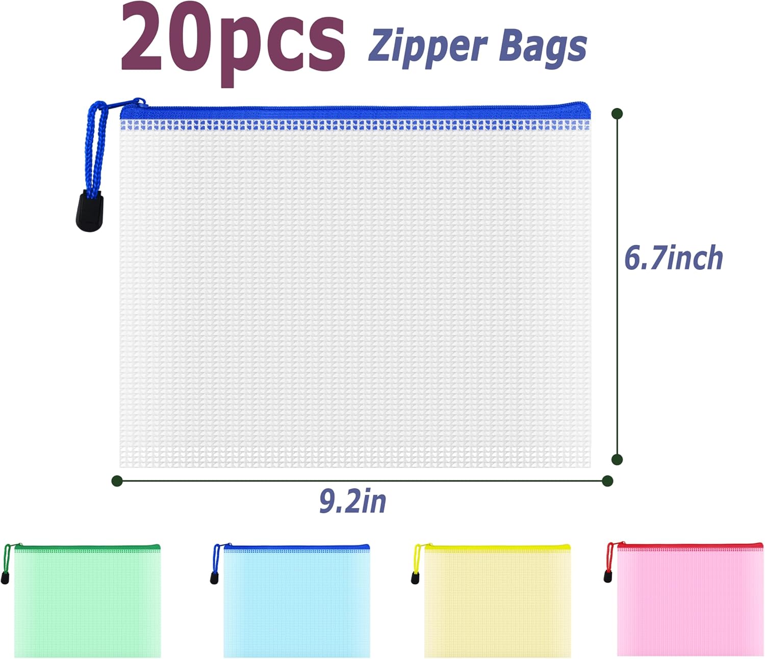 AUSTARK 20 Pcs Zipper File Bags, Plastic Mesh Pouch, Board Game Storage Bag, Waterproof Bags for Office School (A5 Size 9.2''x6.7'', Multicolored)
