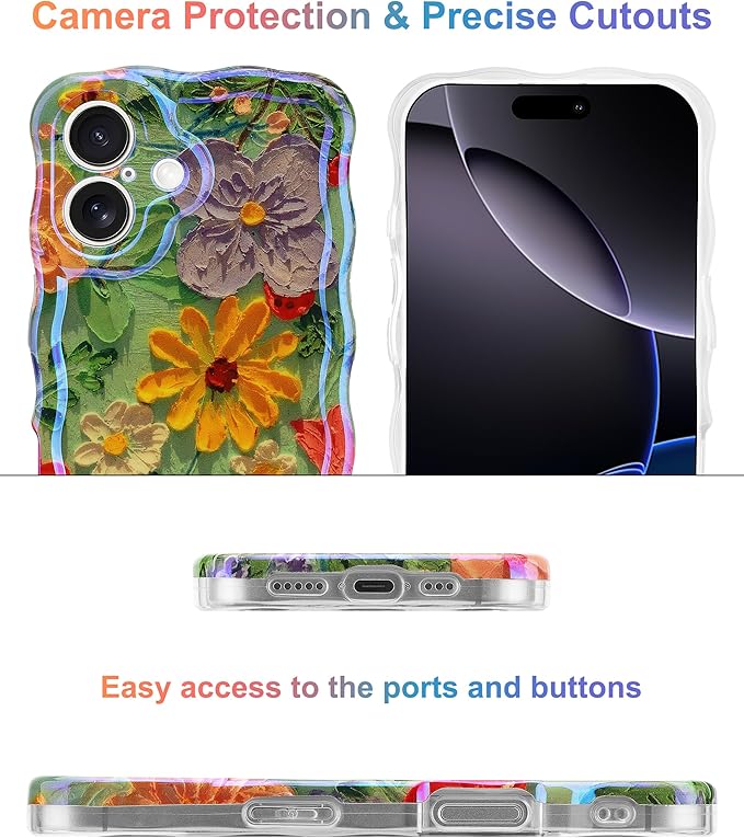 Jusy Compatible with iPhone 16, Colorful Retro Oil Painting Printed Flower Laser Glossy Pattern Cute Curly Wave Phone Case Soft TPU Cover for Girly Women - Green Yellow