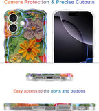 Jusy Compatible with iPhone 16, Colorful Retro Oil Painting Printed Flower Laser Glossy Pattern Cute Curly Wave Phone Case Soft TPU Cover for Girly Women - Green Yellow