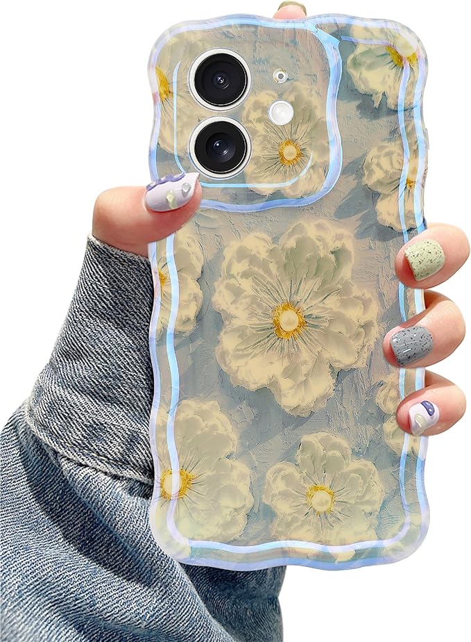 Jusy Compatible with iPhone 12, Colorful Retro Oil Painting Printed Flower Laser Glossy Pattern Cute Curly Wave Phone Case Soft TPU Cover for Girly Women - Light Blue