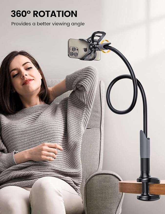 Lamicall Gooseneck Phone Holder for Bed - Cell Phone Mount Clamp Clip, Flexible Long Arm, Overhead Mount for Desk Headboard Bedside, for iPhone 16 Pro Max, 15 Pro Max, 14 Plus, 13 Mini & 4-7" Phone