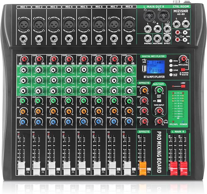 8 Channel Audio Mixer, Professional DJ Mixer Board Sound Music Mixing Console Digital Mixer with Reverb, Bluetooth, USB Port, 48V Phantom Power for Recording Karaoke Podcasting