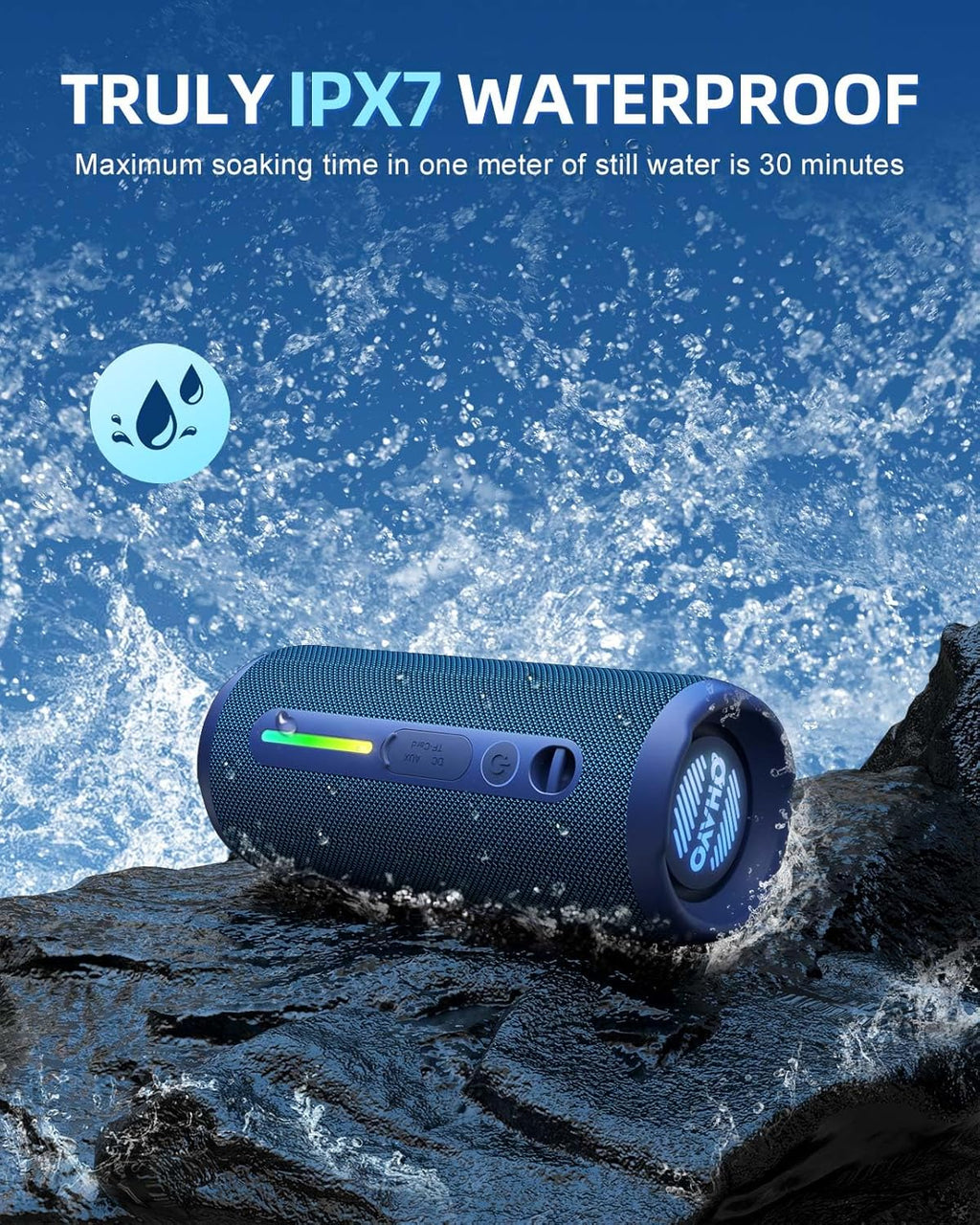 OHAYO Portable Bluetooth Speaker, IPX7 Waterproof Wireless Speaker with 24W Stereo Sound, Active Extra Bass, Bluetooth 5.3, RGB Lights, Dual Pairing, Up to 30H Playtime for Home, Outdoor, Party