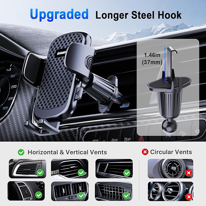 [2025 NEW] Car Phone Holder for Horizontal/Vertical Vent [Upgraded Metal Hook Clip] [Wider Clamp & Fit Thicker Case]Universal Cellphone Stand Car Mount Cradle for iPhone 16 Pro Max 15 14 13 SE Android