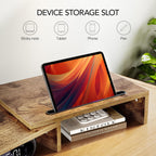 AMERIERGO Dual Monitor Stand Riser- 3 Shelf Screen Stand with Adjustable Length and Angle, 2 Extra Functional Slot Desktop Organizer Stand for PC, Computer, Laptop (Rustic Brown)