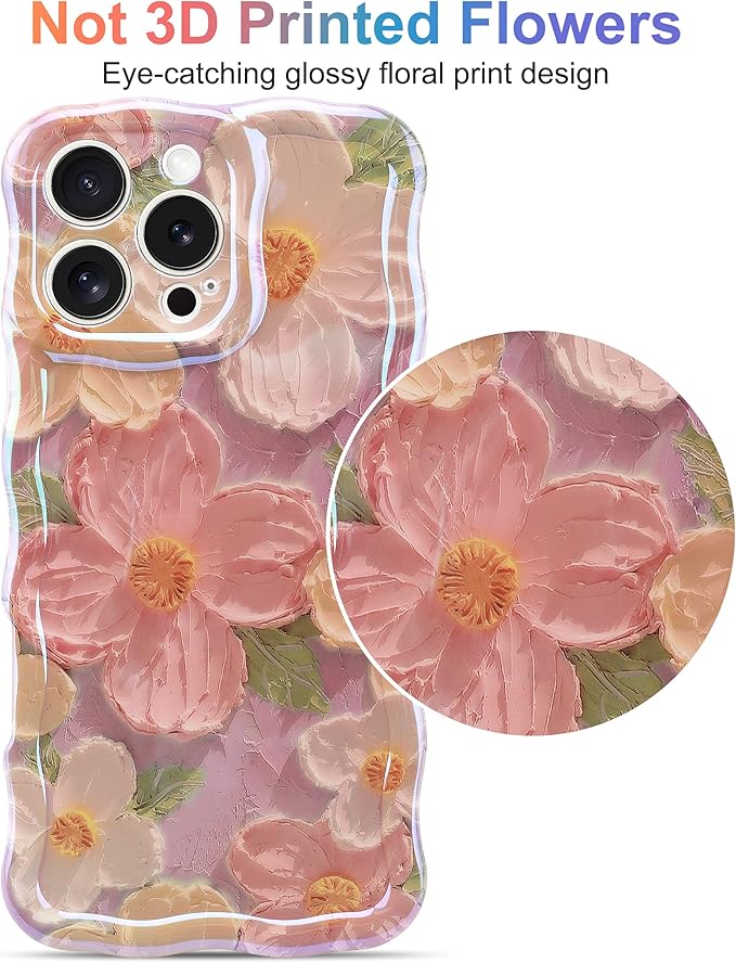 Jusy Case for iPhone 15 Pro Max, Colorful Retro Oil Painting Printed Flower Laser Blue Glossy Pattern Cute Curly Wave Phone Case Soft TPU Cover for Girly Women -Pink