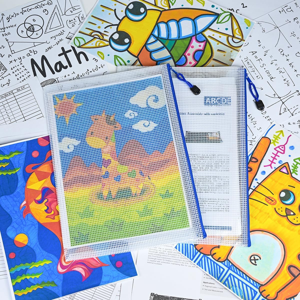 AUSTARK 20 Pcs Zipper File Bags, Plastic Mesh Pouch, Board Game Storage Bag, Waterproof Bags for Office School (A4 Size 13.4''x9.4'', White and Blue)