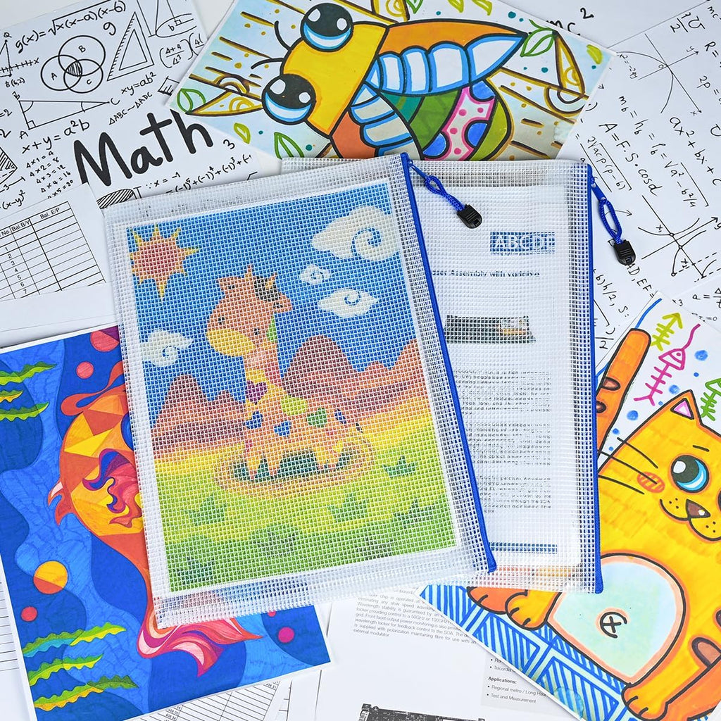 AUSTARK 10 Pcs Zipper File Bags, Waterproof Plastic Mesh Pouch for Office School, Board Game Storage Bags (A4 Size 13.4''x9.4'', White and Blue)