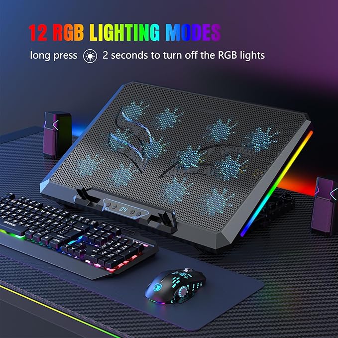 Laptop Cooling Pad with 12 Quiet Fans, Slim Portable for 12-17.3 Inch Laptop Cooler Stand, RGB Lighting, with 5 Height Adjustable, Gaming Cooling Fan Pad, USB/Type-C & Phone Holder (LCD)