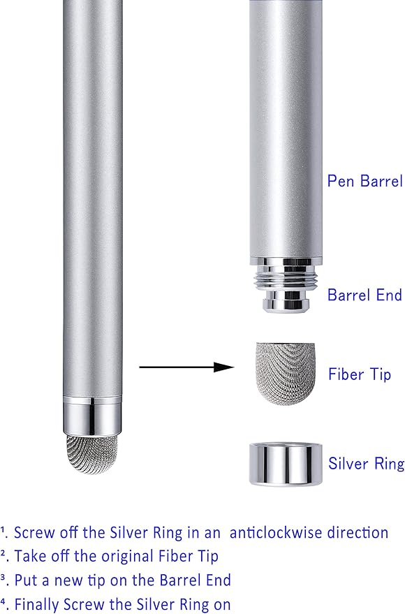 Stylus Pens, CCIVV 4 Pcs 5.6 Inches Mesh Tip Stylus for Touch Screens, iPad, iPhone, Kindle Fire, 4 Extra Replaceable Hybrid Fiber Tips (White, Black, Silver, Blue)