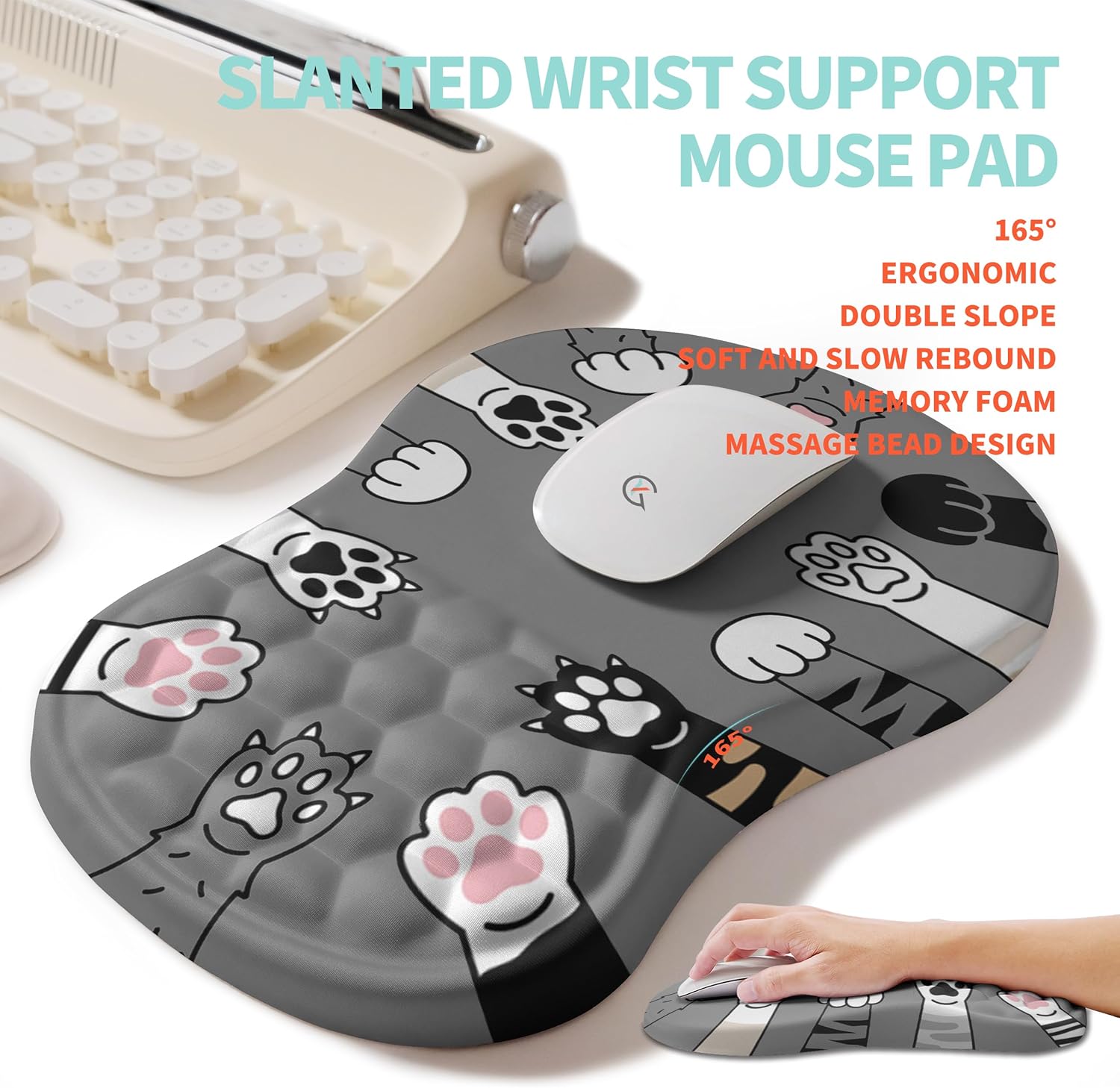 2-in-1 Ergonomic Set, Wave Rise Keyboard Wrist Rest and Massage Bulge Slope Mouse Pad Wrist Support, Cushion Memory Foam Integrated to Relieve Wrist Pain, Cute Cat Paws