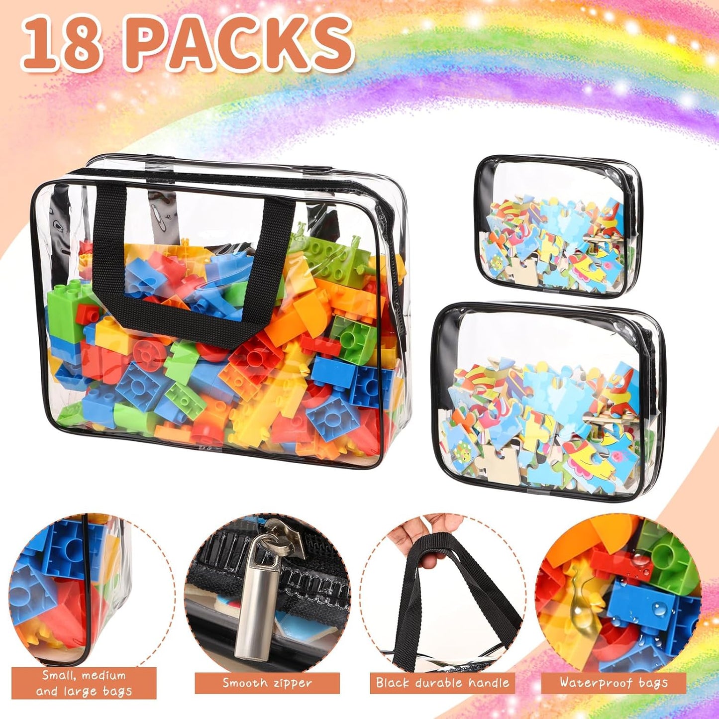 18 Packs Large Toy Storage Bags with Labels, Clear PVC Bags Travel Waterproof Kids Toy Organizer Bags with Zipper for Building Blocks Puzzle Kids Books (Black)