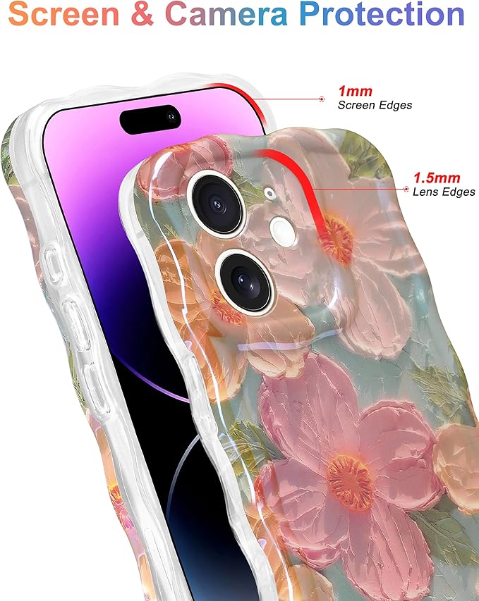 Jusy Case for iPhone 12, Colorful Retro Oil Painting Printed Flower Laser Blue Glossy Pattern Cute Curly Wave Phone Case Soft TPU Cover for Girly Women -Green
