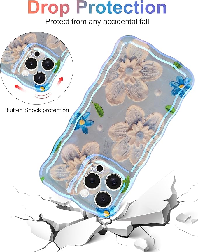 Jusy Compatible with iPhone 14 Pro Max, Colorful Retro Oil Painting Printed Flower Laser Glossy Pattern Cute Curly Wave Phone Case Soft TPU Cover for Girly Women - Blue Flower