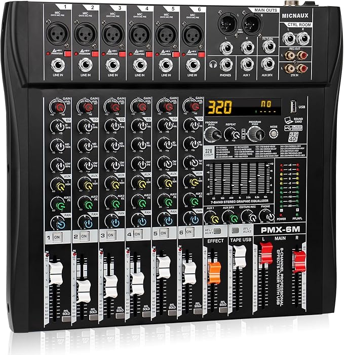 Audio Mixer 6 Channel Professional Mixer Console with 320 DSP Effects, 7-band EQ Sound Mixing Board Digital DJ Mixer w/USB Bluetooth MP3 for Recording, Independent 48V Power & Mute Button