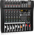Audio Mixer 6 Channel Professional Mixer Console with 320 DSP Effects, 7-band EQ Sound Mixing Board Digital DJ Mixer w/USB Bluetooth MP3 for Recording, Independent 48V Power & Mute Button