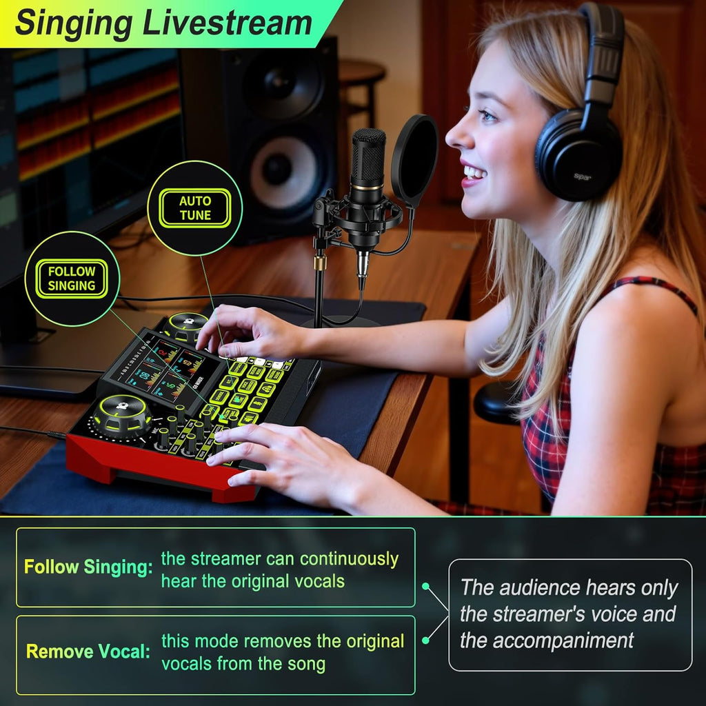 Audio Mixer, Sound Board for Pc/Phone Live Streaming Singing Gaming, Sound Mixer for 3.5/6.35mm Dynamic Microphone, Live Sound Card with DJ Mixer Effects & Voice Changer, Denoise, One Click Mute