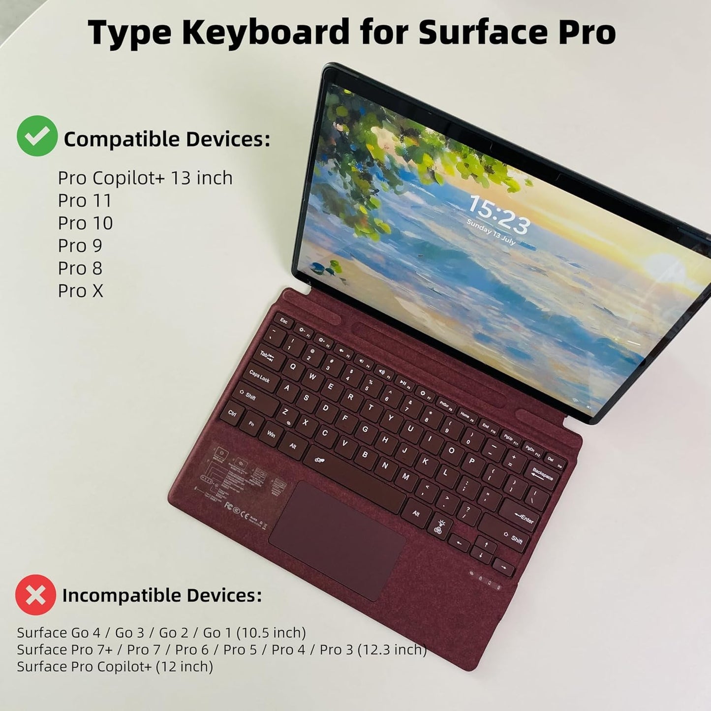 Keyboard for Microsoft Surface Pro Copilot+ (11th Edition) / Pro 11 / Pro 10 / Pro 9 / Pro 8 / Pro X, 13 inch, Detachable Type Cover with Touchpad, 7-Color Backlit & Pen Holder (Wine)