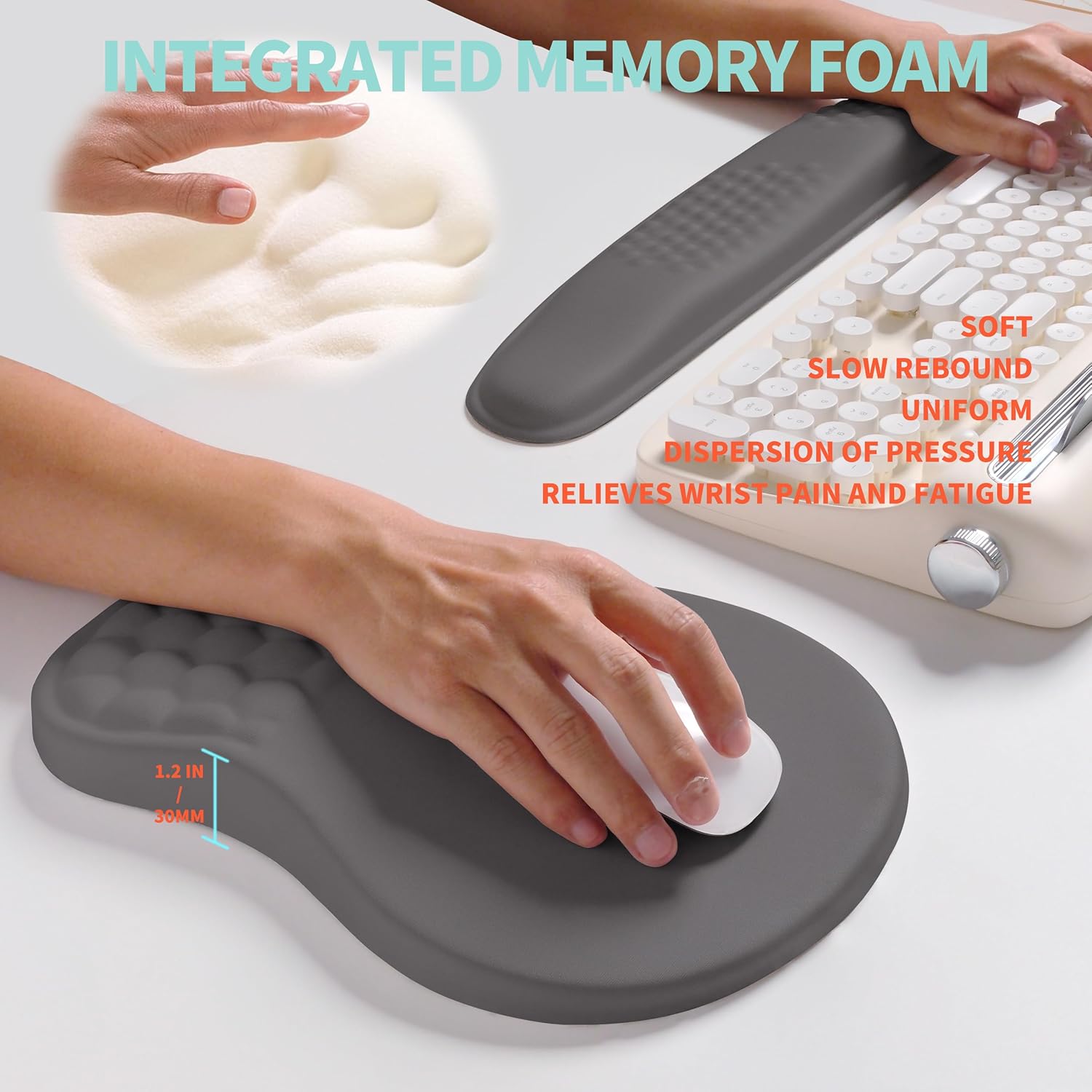 2-in-1 Ergonomic Set, Wave Rise Keyboard Wrist Rest and Massage Bulge Slope Mouse Pad Wrist Support, Cushion Memory Foam Integrated to Relieve Wrist Pain, Deep Gray