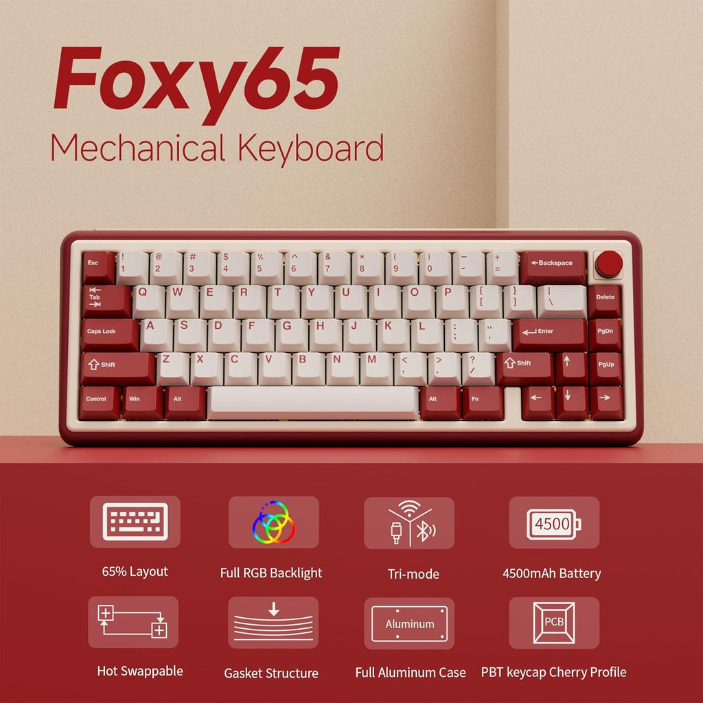 Chilkey Foxy65 Mechanical Keyboard with Knob, Gasket Mount 65% Aluminum Wireless Mechanical Keyboard, BT5.0/2.4GHz/USB-C, Hot Swappable, RGB Backlit Computer Custom Key Board for PC