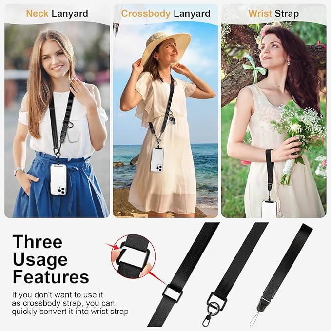 Adjustable Crossbody Phone Lanyard, Universal Phone Wrist Strap and Phone Neck Strap with Tether Tab, Phone Lanyard with Quick Release, Suitable for iPhone and Most Smartphones, Black
