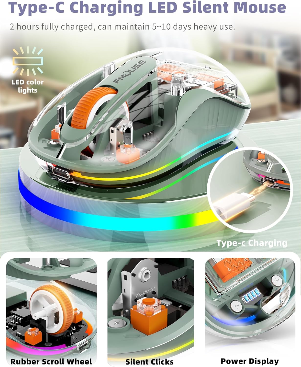 Bluetooth Wireless Mouse, Transparent RGB Tri-Modes Mouse,Bluetooth & 2.4GHz for Multi Device, USB-C Receiver Ideal for MacBook/Laptops, Rechargeable, Silent, Portable, Cool LED, Ergonomic - Green