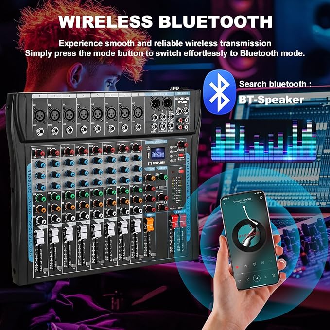 8 Channel Audio Mixer Sound Board Mixer 16 DSP Effect Audio Interfacer w/USB Drive for Computer Recording, 48V Power, XLR Microphone Jack DJ Mixer for Karaoke Studio Streaming Recording