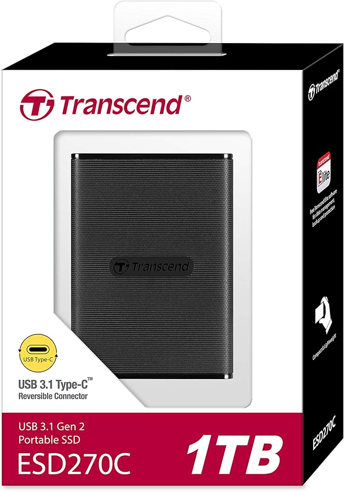 Transcend 1TB External SSD for iPhone/iPad/Mac/Windows/Android, PC/Laptop/Tablet/TV/Game Console, Portable Solid State Drive with One Touch Back up, One-Time Password Unlock, Type-A&Type-C Cables
