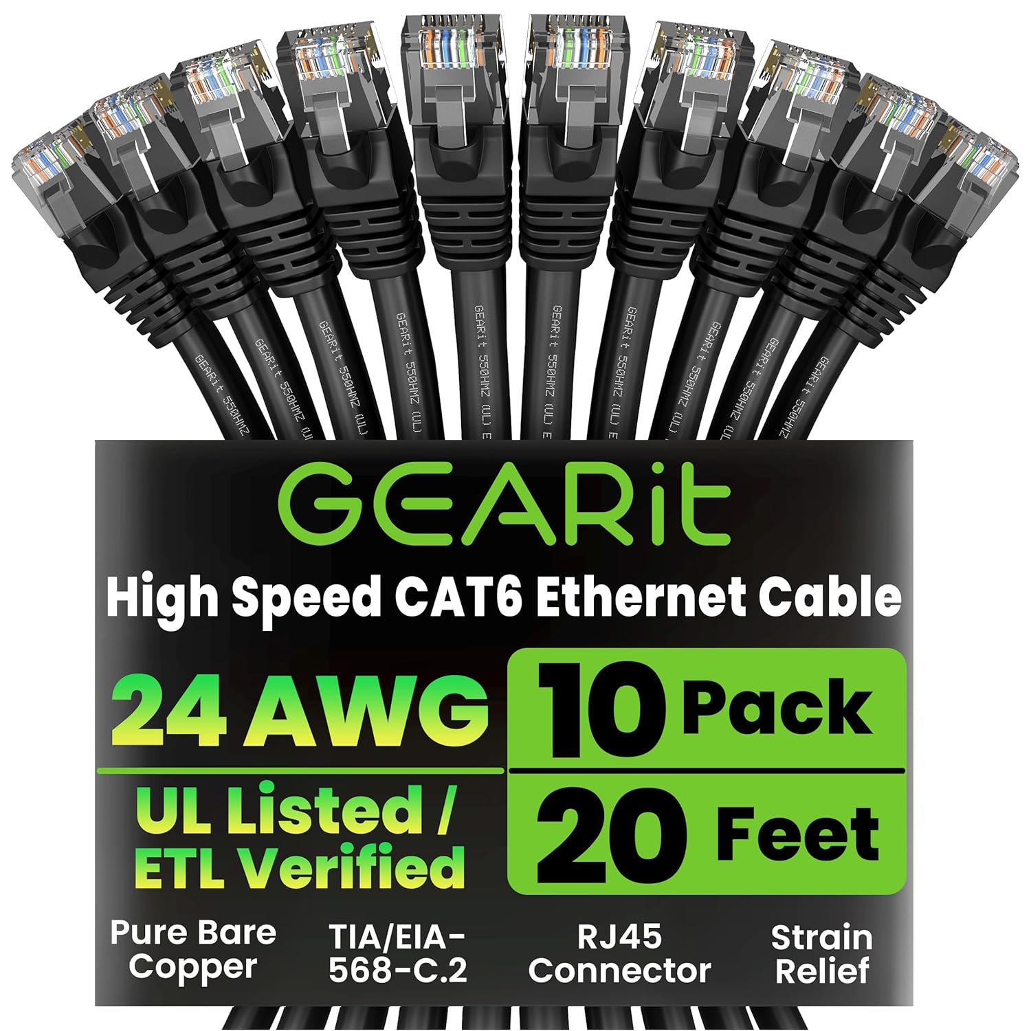 GearIT Cat 6 Ethernet Cable Pack - 10-Pack 20 ft Cat6 Ethernet Patch Cables | RJ45 Network Patch Cable, 10 Gbps Snagless Gold-Plated Connectors - Ethernet Cable Cat 6 for PC, TV, Router - Black