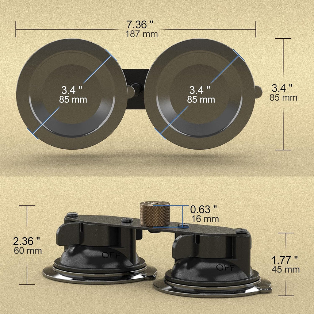 MINIFOCUS Dual Suction Cup Mount, Twist-Lock Dual Suction Cup Base with Camera Thread Adapter, Quick Release Double-Layer Suction, Windshield Window Car Mount for Magic Arm Gopro Adapter