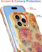 Jusy Compatible with iPhone 14 Pro Max, Colorful Retro Oil Painting Printed Flower Laser Glossy Pattern Cute Curly Wave Phone Case Soft TPU Cover for Girly Women - Sunflower
