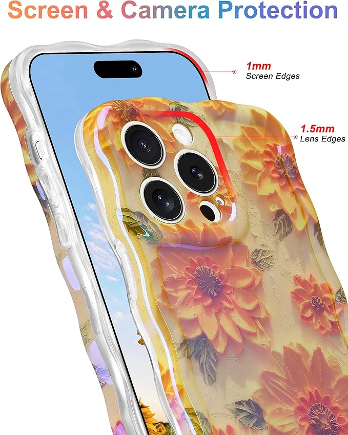Jusy Compatible with iPhone 14 Pro Max, Colorful Retro Oil Painting Printed Flower Laser Glossy Pattern Cute Curly Wave Phone Case Soft TPU Cover for Girly Women - Sunflower