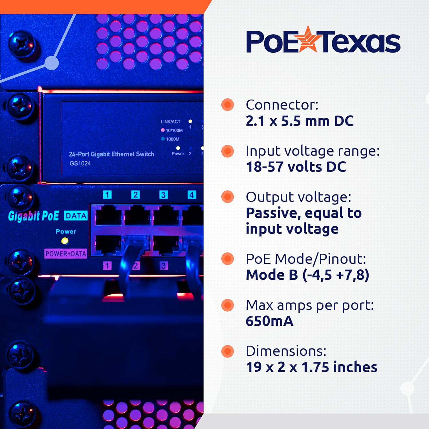 PoE Texas 24 Port PoE Injector - Multi-Port PoE Gigabit Rack Mount Midspan for IP Cameras, Phones, WiFi AP, Add Power Over Ethernet to Non-PoE Switch or Network Router, Includes 56v 240w Power Supply