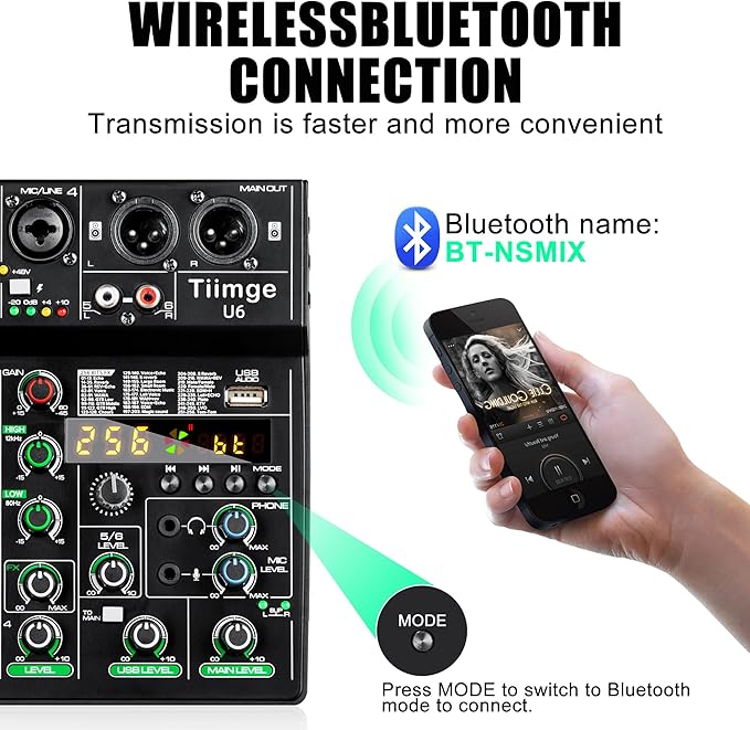 Professional 6-Channel Audio Mixer with 256 DSP Effects,48V Phantom Power,Bluetooth,MP3,USB Recording Input,Portable Sound Mixing Console for Streaming,DJ Show,Karaoke