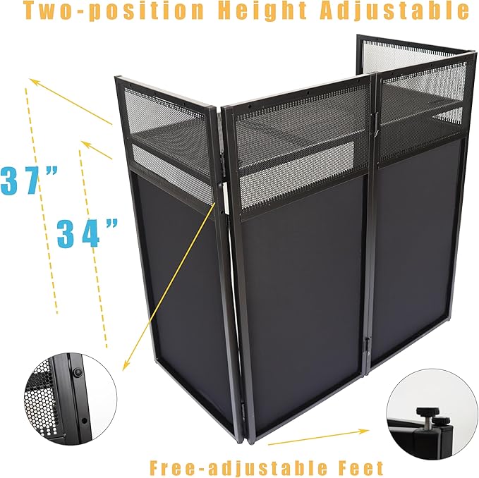 Portable DJ Booth DJ Facade DJ Table Station Two-position Height Adjustable Tabletop DJ Table Stand DJ Event Booth w/Travel Bag Black&White Scrims For Gig, Party, Show